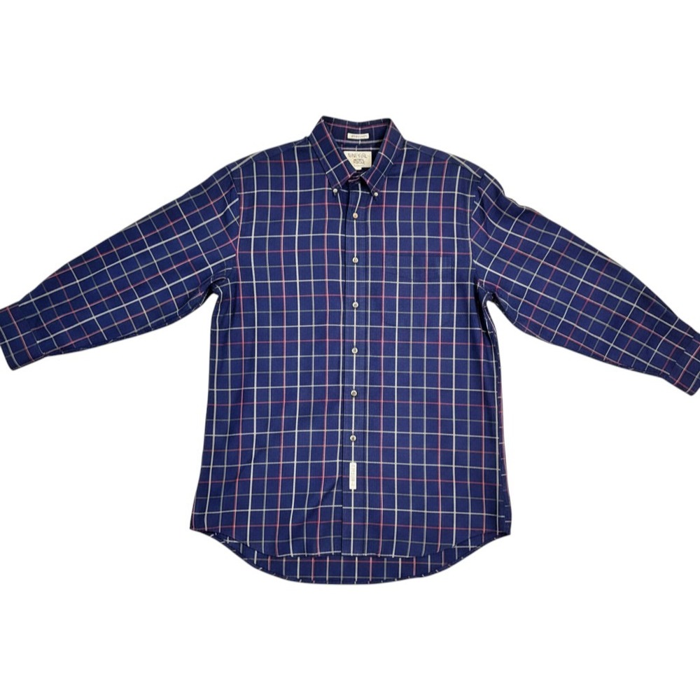 Savane Mens XL Blue Plaid Button Down Shirt Deep Dye No Wrinkles Long Sleeve
